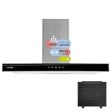 UNIVERSALBLUE Campana Extractora 90 cm en T y Frontal Cristal Negro | Potente Succión 650 m³/h | Extractor de Humos y Aire Eléctrico de Pared para Cocina | Luz LED y Control Táctil