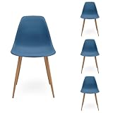 Homely – Pack 4 Sillas Comedor Cairo Nordic | Diseño Nórdico | Asiento de Polipropileno | Patas Metálicas Acabado Madera | Dormitorio, Cocina, Comedor, Estudio | 46x54x84cm | Color Azul