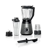 Bosch Batidora VitaPower Serie 4 MMB6177S, cuchillas de acero inoxidable fabricadas en Alemania, recipiente de cristal ThermoSafe de 1,5 l, botella de 0,6 l, trituradora universal, 30.000 rpm, 1200 W,