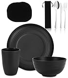 Juego de cubiertos para camping, vajilla de camping negra, cubiertos de acero inoxidable, taza ligera y reutilizable, apto para lavavajillas, con vaso, cuenco, plato y bolsa, ideal para exteriores,