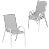 Outsunny Juego de 4 Sillas de Jardín Exterior Sillas Terraza Exterior Apilables Sillas de Jardín con Tela Transpirable Marco de Acero Reposabrazos y Respaldo 54x71x93 cm Gris y Blanco