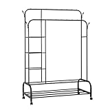 Perchero burro doble con estructura de metal resistente, estantes laterales, zapatero inferior y ruedas giratorias | Organizador móvil ideal para ropa, zapatos y accesorios en dormitorio o vestidor