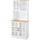Yaheetech Alacena de Cocina Mueble Buffet Armario de Cocina Aparador de Almacenaje con Puertas de Vidrio, Estantes Ajustables 80 × 37 × 183 cm