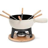 H.Koenig La Fonderie 1890 Set de Fondue de Hierro Fundido Mont Blanc para 6 Personas, Fondues de Queso y Chocolate, 6 Tenedores con Mangos de Madera de Haya, Base de Madera Natural, Capacidad 1,8L