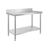 UISEBRT Mesa de trabajo de acero inoxidable con cantos, mesa de cocina con patas ajustables, mesa de cocina con estante inferior extragrande, 120 x 60 x 85 cm, con borde posterior