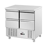 Royal Catering Mesa Refrigerada con Ruedas Volumen de 240 L 4 Cajones 90 x 70 cm Clase C Acero Inoxidable Bajomostrador refrigerado Mostrador refrigerado para hostelería