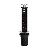 Emuca - Regletas Enchufe encastrable, Regleta multienchufe retráctil con 3 enchufes schuko EU y 2 Puertos USB, Torre de enchufes Vertical empotrable para encimera de Cocina o Escritorio