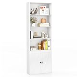 COSTWAY Libreria Estanteria con 2 Puertas, Estanterias para Libros con 6 Estantes y un Armario, Estante Ajustable, Librería Blanca Salon Oficina Cocina, 60 x 24 x 180 cm, Blanco