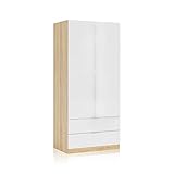 Habitdesign Armario de 2 Puertas y 2 cajones, Acabado en Color Blanco Artik y Roble Canadian, Medidas: 81 cm (Ancho) x 180 cm (Alto) x 52 cm (Fondo)