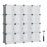 SONGMICS Estantería Modular, Armario Modular de 16 Cubos, Estantería de Plástico con Puertas, para Zapatillas, Ropa, Libros, Fácil de Montar, Gris y Blanco LPC443G01