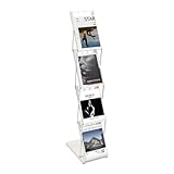 Expositor plegable – Atril para folletos de suelo, formato vertical, blanco móvil de metal con 4 estantes, para catálogos y folletos