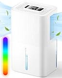Deshumidificador 2700ml, Deshumidificador eléctrico, Deshumidificador de habitaciones silencioso con apagado automático, temporizador 6-8-10H, modo sleep, luz nocturna de 7 colores, portátil, baño