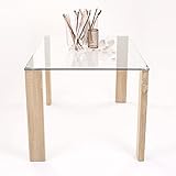 Homely - Mesa de Comedor de diseño Moderno ROSSET sobre de Cristal Templado Transparente de 10 mm de Grosor y Patas de MDF con terminación en Laminado Acabado Color Roble Natural 140x90x76 cm