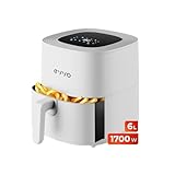 EVVO Freidora Aire Sin Aceite de 6L, 1700W, Recipiente Antiadherente, Tecnología Dual Cyclone, Multifunción, Hornea, Deshidrata, Descongela, Hasta 200º, Apagado Automático (Color Blanco)