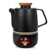 TELANKS Tetera de cerámica con colador y calientaplatos 850 ml, colador extraíble, color negro