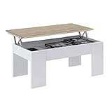 Mesa de Centro Elevable, Mesita de Salón o Comedor, Modelo LC, Acabado en Color Blanco Artik y Roble Canadian, Medidas: 100 cm (Ancho) x 50 cm (Fondo) x 45-56 cm (Alto)