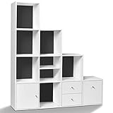 IDMarket Liam - Mueble de almacenamiento de escalera de 4 niveles de madera blanca + puerta/cajones blancos fondo gris