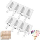 Moldes de Helado, 2 Pack Molde de Helado de Silicona con 100 Palos Madera, Popsicle Moldes 4 Cavidades, Moldes de Paletas de Hielo, Sin BPA, para Helados DIY Niños, para Chocolate Postre congelado