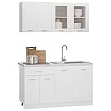 Homgoday Módulos de Cocina, 140cm 4 Pzs Juego de Muebles Aglomerado Blanco - Armario Colgante/Inferior de Cajón/Colgante de Vidrio/Inferior de Fregadero
