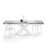 MOBILI FIVER, Mesa Extensible Emma 160(240) x90 cm, Color Cemento Gris con Patas Cruzadas Blancas, para 6-10 Personas, Mesa Extensible de Comedor, Mesa Cocina, Salon, Made In Italy