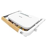 Cecotec Parrilla Eléctrica Rock'Ngrill 1300 Wood W. Potencia de 1300W, Diseño Blanco, Revestimiento Rockstone, Base Antideslizante, Placa Flotante, Indicador Luminoso, Asa de Madera, Versatilidad