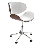 Fohfurniture Silla de oficina de madera, silla de oficina ancha de piel sintética, silla de tocador moderna para ordenador, silla de escritorio de madera de nogal, giratoria 360°, altura regulable con