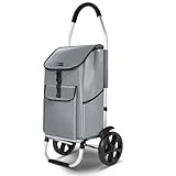 VOUNOT Carrito Compra Plegable de Aluminio 2 Ruedas, Carro de la Compra 2 en 1 con Bolsa Oxford Impermeable y Desmontable, Carrito de Compras Rodante con Guardabarros, 45L, Gris