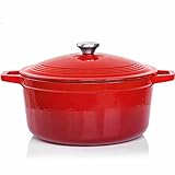 Cazuela Redonda de Hierro Fundido Rojo 6 Litros VeoHome, Olla y Dutch Oven para Pan, Horno Holandés, Cocotte para Cocinar al Horno, Guisos, Asados y Chimenea - caldero diámetro 28cm