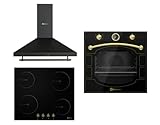 SOLTHERMIC PACK 3 EN 1 NEGRO RUSTICO PLACA VITROCERÁMICA 4 FUEGOS PVTC60 59x52cm / 9 niveles de potencia/Botones + CAMPANA DECORATIVA 60 CM hasta 400m3 + HORNO EXTRA AMPLIO 78L TURBO