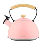 briebe Retro Tetera Inducción Silbante 2,3L, Infusiones, Hervidor de Agua Acero Inoxidable, Todo Tipo de Cocinas, Vitrocerámica, Gas, Mango Madera Tacto Frío, Diseño Vintage, Tea Pot, Rosa Pastel