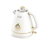 Hazel Quinn Hervidor eléctrico de acero inoxidable, sin BPA, controlador STRIX, dispositivo de 360°, indicador de temperatura, diseño retro, apagado automático, 2200 W, 1,7 litros, Blanco Perla