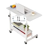 JANDTEK Mesa Auxiliar con Ruedas - Mesa Ordenador pequeña 80x40 - Mesa portatil Ordenador con estanteria Inferior - Escritorio con Ruedas y Altura Regulable (Blanco, 80x40)