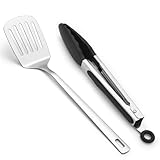 Kyraton - Juego de 2 espátulas y pinzas de cocina, juego de utensilios de cocina de acero inoxidable para el hogar, restaurante, camping, barbacoa