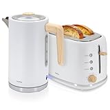 briebe Nordic Set Tostadora Pan Ranura Ancha 2 Rebanadas, 6 Niveles Tostado + Hervidor Agua Eléctrico 1,7L Inalámbrico, 2200W Ebullición Rápida, Libre BPA, Pack Desayuno Diseño Nórdico, Blanco
