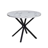 GrandCA HOME Mesa de Comedor Redonda con Tapa Moderna con Efecto Mármol, Mesa de Comedor de Cocina con Cuatro Patas de Metal, para Comedor, Sala de Estar, Blanco+BKL