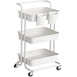 SONGMICS Carrito móvil con 3 Niveles, con Ruedas, Estante de Almacenamiento, con asa, 2 recipientes, 2 Frenos, cestas de plástico, Montaje fácil, para Dormitorio y Cocina, Blanco, BSC067W01