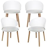 LEWE Pack de 4 Sillas de Comedor, Silla de Conferencia, Respaldo Curvado, Asiento Tapizado con Vellón Holandés, Silla con Reposabrazos, Respaldo Impermeable, Sillas de Cocina, Madera - [Blanco]