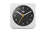 Braun Classic Analogue Alarm Clock with Snooze and Light, Quiet Quartz Sweeping Movement, Crescendo Beep Alarm in White and Black, Model BC03WB.