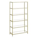VASAGLE Estantería de Cristal de 6 Niveles, Librería, Expositor, Cristal Templado, Fácil de Montar, para Baño, Salón, Dormitorio, Oficina, Dorado Metálico LGT503A01