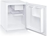 SEVERIN Mini frigorífico de 43 litros, nevera pequeña extrasilenciosa con bisagra reversible, mini nevera de bajo consumo con balda y cajón para conservar en frío, blanco, KS 9827