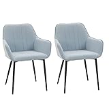 HOMCOM Pack de 2 Sillas de Comedor Sillas Decorativas Tapizadas en Lino Sillas de Cocina con Respaldo Reposabrazos y Patas de Metal para Salón 59,5x56,5x81 cm Azul