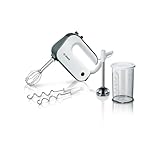 Bosch Agitador de mano Styline MFQ49700, 5 niveles, 2 ganchos de acero inoxidable, cable en espiral, varilla mezcladora de acero inoxidable, 850 W, blanco/plateado oscuro