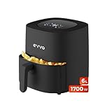 EVVO Freidora de aire sin aceite de 6L, 1700W, Recipiente Antiadherente, Tecnología Dual Cyclone, Multifunción, Hornea, Deshidrata, Descongela, hasta 200º, Apagado Automático (Color Negro)