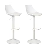 LOLAhome Set de 2 Taburetes Altos Cocina Giratorios en 360°, Juego de Sillas de Bar Regulables en Altura de 83 a 104 cm, con Respaldo,Material Polipiel, Estructura Metal Blanca y Reposapiés, Blancos