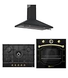 PACK-CONJUNTO3 COCINA NEGRO RÚSTICO ACABADOS DORADOS: (Placa gas 70 cm + horno eléctrico + campana extractora 90 cm)