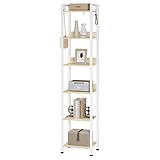 WOLTU Escalera Estantería Blanco de Estilo Industrial, Estantería Almacenaje de Madera y Metal con 4 Ganchos Extraíbles, Librería de 6 Niveles para Salón, 40x30x187cm RGB31whe