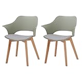 JZGORC Juego de 2 Sillas de Comedor Escandinavas, Silla de Comedor de Estilo Nórdico con Reposabrazos, Patas de Haya, Silla de Cocina Tapizada a Cuadros de Lino - Verde Claro