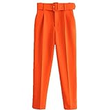 U/A cintura alta con cinturón pantalones vintage cremallera bolsillos oficina desgaste mujer tobillo pantalones Naranja naranja L