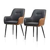TUKAILAI Juego de 2 sillas de comedor de piel sintética, con reposabrazos, respaldo, asiento acolchado, patas de metal, diseño moderno en dos colores, gris y marrón