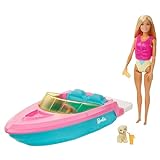 Barbie con Barco, Muñeca con bañador y barco de juguete para el agua, con mascota y accesorios acuáticos (Mattel GRG30)